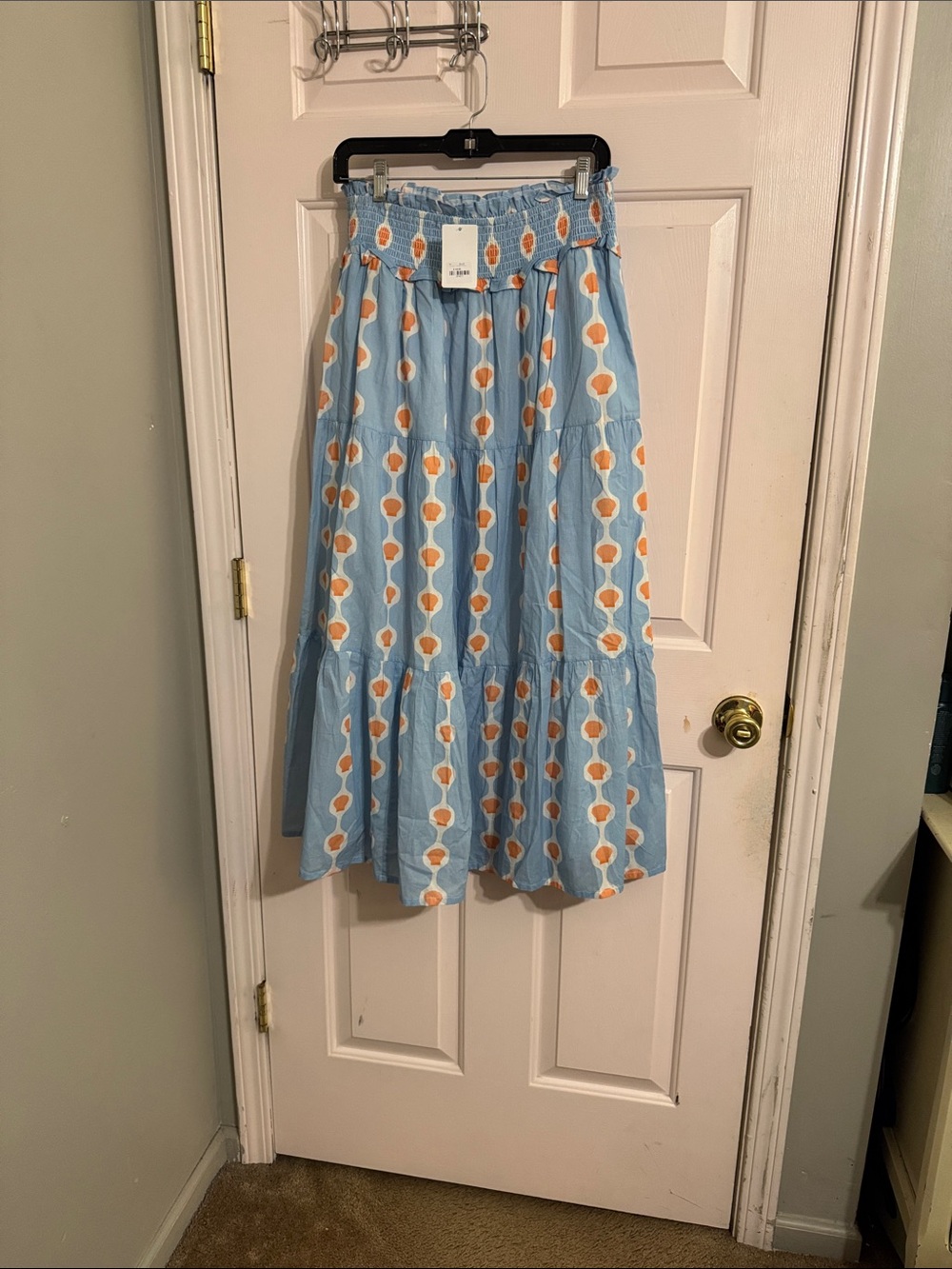 Blue Tiered Maxi Skirt with Orange Dot Print